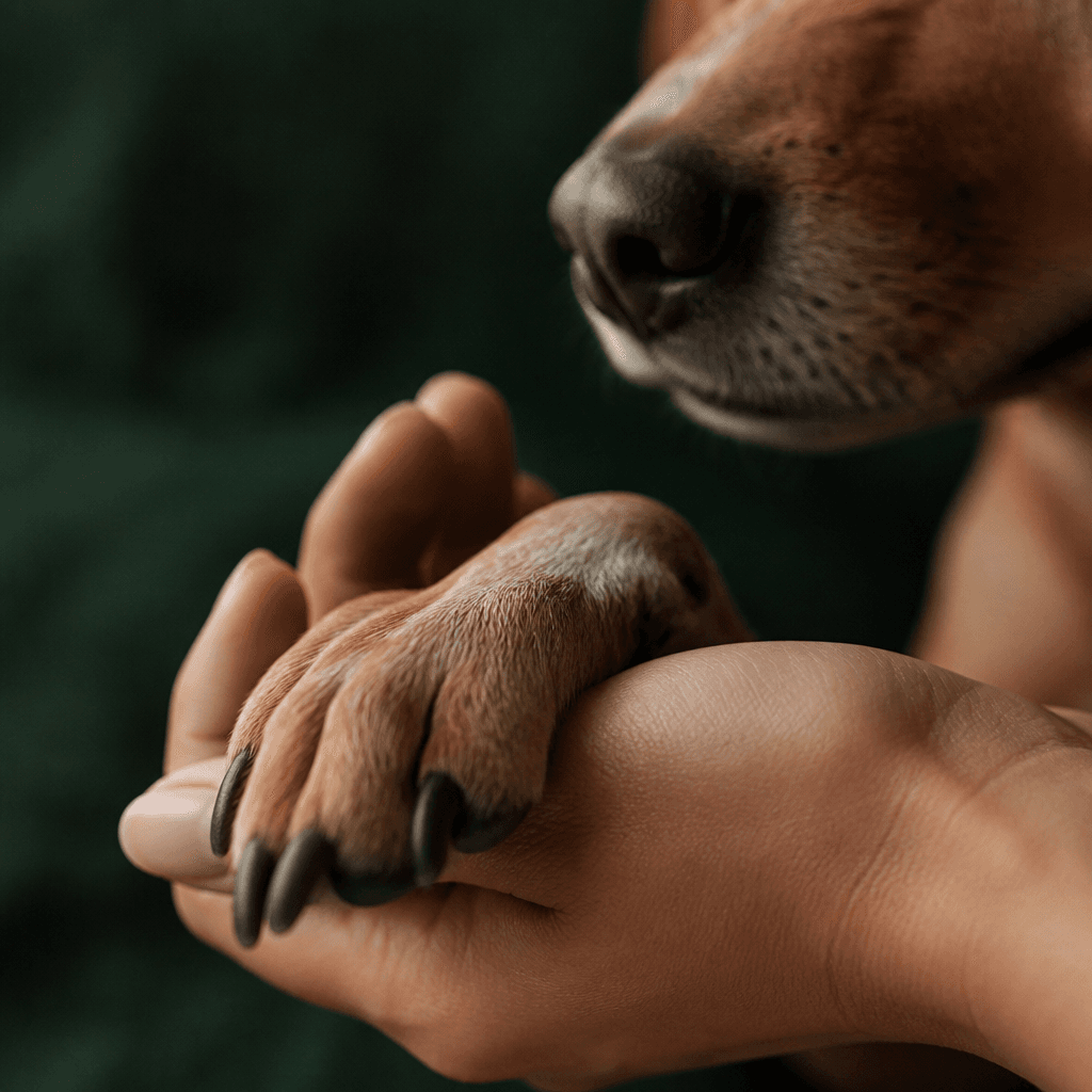 Une main tient délicatement la patte d'un chien
